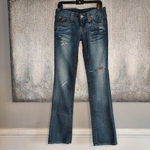 True Religion Low Rise Straight Leg Distressed Billy Jeans